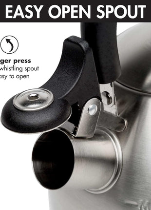 Primula Stewart Whistling Tea Kettle for Stovetop, Stainless Steel Stove Top Kettle with Fast Boil Whistling Spout and Cool Touch Folding Handle, 1.5-Quart, Brushed Silver with Black Handle