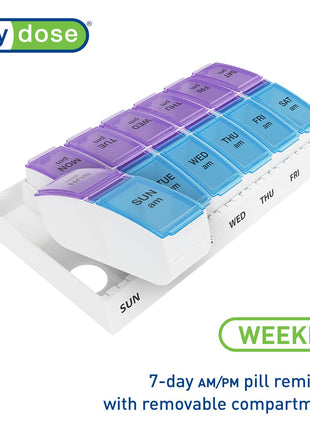 Ezy Dose Weekly (7 Day) AM/PM Pill Organizer, Vitamin and Medicine Box, Small Pop out Compartments, 2 Times a Day, Blue and Purple Lids