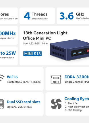 Beelink Mini PC Intel 12th N95(Up to 3.4GHz), 8GB DDR4 256GB SSD, Micro PC 4K Dual HDMI Display/2.5Gbps LAN/WiFi5/BT4.2/USB3.2/WOL Home/Office Mini Computer