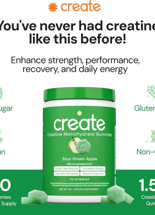 Creatine Monohydrate Gummies for Men & Women   Boost Focus, Strength, and Endurance, Anti Melting Formula, Vegan, Gluten Free, Non GMO, 1.5 Gram Creatine per Gummy (Sour Green Apple, 90 ct)