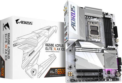 GIGABYTE B650E AORUS Elite X AX ICE AMD AM5 ATX Motherboard, Support Ryzen 9000/8000/7000 Series, DDR5, 12+2+2 Power Phase, 3X M.2, PCIe 5.0, USB-C, WIFI6E, 2.5GbE, EZ-Latch, Q-Flash, RGB Fusion