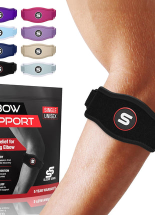 Sleeve Stars Tennis Elbow Brace for Men & Women, Elbow Brace for Tendonitis, Tennis Elbow Strap, Golfers Elbow Brace, Elbow Support Wrap for Tennis Elbow Relief, Fits 9"-23" (Single/Black)