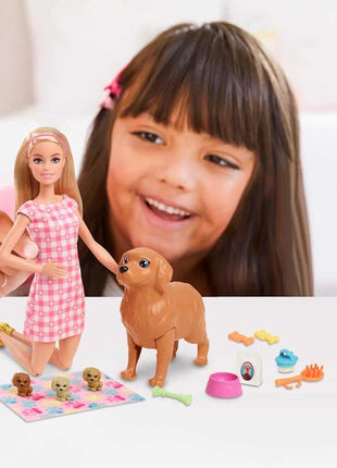 Barbie Doll & Pets Set, Blonde with Mommy Dog, 3 Newborn Puppies with Color-Change Feature & Pet Accessories