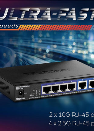 TRENDnet 6-Port 10G Switch, 4 x 2.5G RJ-45 Base-T Ports, 2 x 10G RJ-45 Ports, 60Gbps Switching Capacity, Wall Mountable, 10 Gigabit Network Connections, Lifetime Protection, Black, TEG-S762