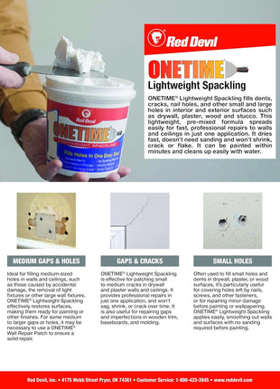 Red Devil 0542 ONETIME Lightweight Spackle Wall Repair, Spackling for Holes Drywall, 1/2 Pint, White, 8 Ounce, Made in USA