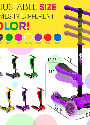 Hurtle 3-Wheeled Scooter for Kids - Wheel LED Lights, Adjustable Lean-to-Steer Handlebar, and Foldable Seat - Sit or Stand Ride with Brake for Boys and Girls Ages 1-14 Years Old