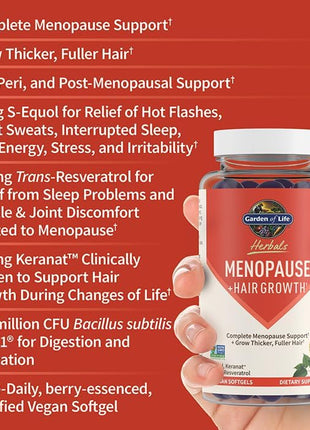 Garden of Life Herbals Menopause Supplement with S-equol & Trans-Resveratrol for Multi-Symptom Relief, Keranat for Thicker, Fuller Hair Growth – Non-GMO, Gluten-Free, Vegan, Berry Flavor, 30 Servings
