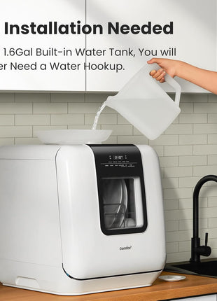 COMFEE' Countertop Dishwasher, Portable Dishwasher with 6L Built-in Water Tank, Mini Dishwasher with More Space Inside, 7 Programs, UV Hygiene& Auto Door Open, for Apartments, Dorms& RVs, White