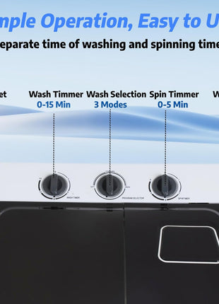 Nictemaw Portable Washing Machine, 19Lbs Washer 11Lbs Spinner, Drain Pump | 30Lbs Large Capacity Washer and Dryer Combo, Twin Tub, Time Control, Easy to Operate, for Apartment Dorms RV Home, Black