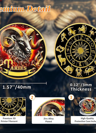 Aries 12 Zodiac Challenge Coin - Twelve Constellations Aries Protective Talisman Coin - Divination Tarot Zodiac Signs Coin - Meaningful Star Good Luck Charms Zodiac Gifts for Men Women Friend Kid