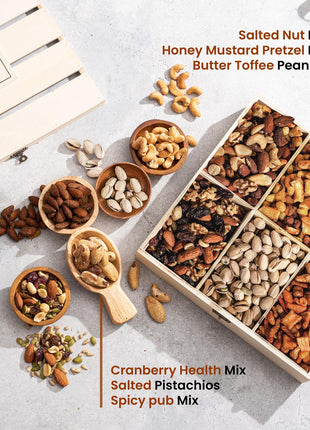 Nut Gift Basket, in Reusable Wooden Crate, Healthy Gift Option, Gourmet Snack Food Box, with Unique Flavors, Great for Feel Better, Sympathy & Birthday- Bonnie & Pop