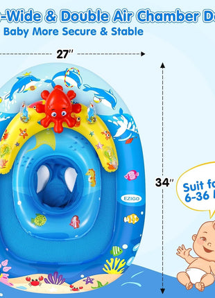 EZIGO Baby Pool Float Canopy UPF50+, Kids Floats for 6-36 Months Boys Girls | 120° Adjustable Sun Protection Toddler Swim Float with Squeaky Toys, Dual Air Chambers & Infant Baby Floatie with Safety Seat