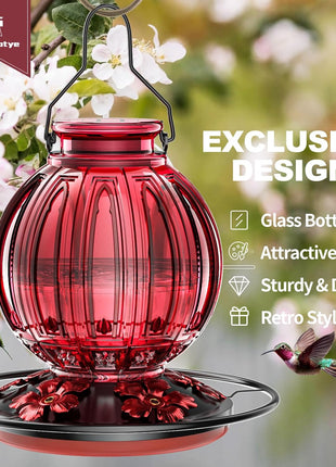Glass Hummingbird Feeder for Outdoors Hanging, 26Oz Bird Nectar Feeder with Perch & 5 Flower Feeding Ports, Leak Proof for Outside Garden Decor Backyard, Gifts for Women Mom, Red