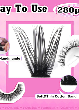 FANXITON DIY Lash Extension Kit Volume Lash Clusters 40D+50D D Curvature Individual Lashes Lash Clusters Kit Thick Eyelash Extension Kit 280 pcs Thin Band Cluster Lashes Lash Bond and Seal Tweezers