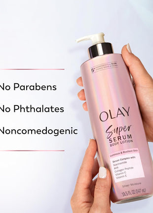 Olay Super Serum Hand & Body Lotion for Dry Skin, 24hr Long Lasting Hydration, 5+ Ingredient Complex for Bright Even Firm Luminous Skin, Sweet Vanilla & Soft Wood Scent, 18.5 fl oz
