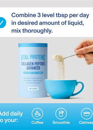 Vital Proteins Collagen Peptides Powder Advanced, Unflavored, 9.33oz | Hyaluronic Acid & Vitamin C, Supports Hair Skin & Nails, Collagen Peptides, 12 Servings