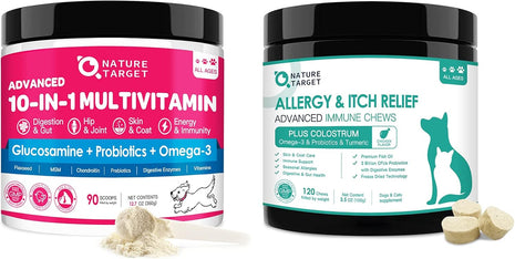 NATURE TARGET Dog Vitamins Powder, Probiotics & Digestive Enzymes for Gut Health, Dog Allergy Relief Freeze Dried Chews, with Probiotics, Colostrum, Anti Itch & Seasonal Allergies & Scratching
