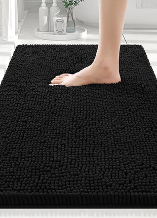 Smiry Luxury Chenille Bathroom Rugs 30x20, Extra Soft and Absorbent Shaggy Bath Mat, Machine Washable, Non Slip Plush Carpet Runner for Tub, Shower, and Floor, Home Decor Accessories, Black