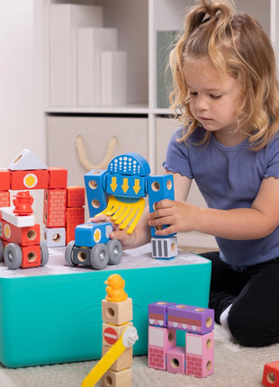 Melissa & Doug BlockablesTM Deluxe City Snap and Play, Mix and Match Connectable Wooden Building Blocks Set with Storage Bin and Play Lid (122 Pcs) Ages 2 to 7- FSC Certified