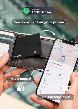 Rhinokey® Apple MFi Certified Wallet Tracker Card Works with Apple Find My (iOS Only) Slim 0.07in Rechargeable IP68 Waterproof Tracker Item Finder Credit Card Tracker for Luggage