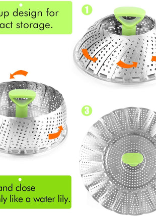 Consevisen Vegetable Steamer Basket for Cooking Food, Stainless Steel Veggie Steam Basket for Pot, Folding Expandable Steaming Insert with Extendable Handle Fits Various Size Pot, 5.1 inch to 9 inch