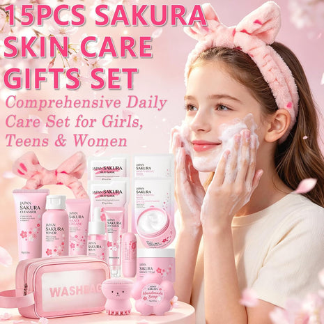 Sakura Skin Care Set for Kids Teen Girls, 15PCS Daily Gentle Skin Care Set