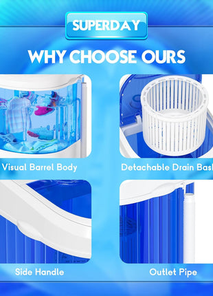 Superday Mini Portable Washing Machine, Single Tub Compact Washing Machine with Spin Cycle, 6.6LBS Washing Capacity Small Electric Washer Machine for Home, Apartments, Outdoor, RV, Dormitory, Blue