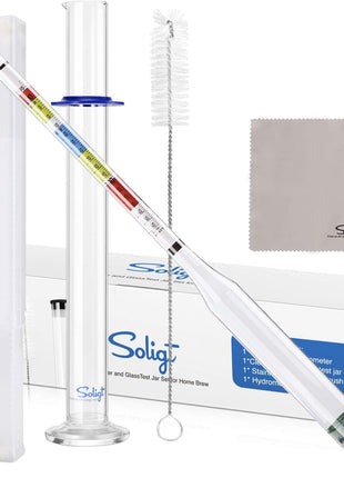 SOLIGT Triple Scale Hydrometer and Glass Test Jar for Wine, Beer, Mead & Cider   ABV, Brix and Gravity Test Kit