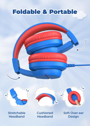 iClever HS19 Kids Headphones for School, Over-Ear for Toddler Boys Girls | SafeSound Tech, HD Mic Stereo Sound, Kids Headphones with Cord, FunShare Foldable 3.5mm Wired for iPad Computer Travel