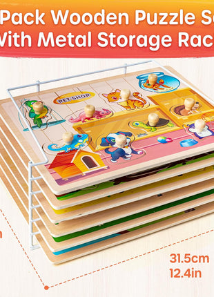 SYNARRY Wooden Puzzles for Toddlers 1-3, 6XSET Animals Puzzles for Toddlers 2-4 with Rack, Toddler Puzzles Ages 2-4, Kids Learning Educational Montessori Toys, Education Toys for 2 3 Years Boys Girls