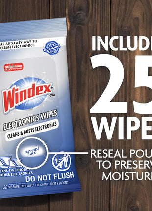 Windex Electronic Cleaning Wipes, Pre-Moistened Screen Wipes for TVs, Phones, and Other Electronics, Resealable for a Freshness Lock, 25 Count