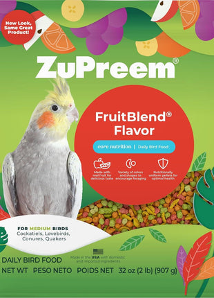 ZuPreem FruitBlend Bird Pellets, Daily Bird Food for Cockatiel, Lovebird, Quaker, Small Conure, Lorikeet, Core Nutrition for Medium Birds, Cockatiel Pellets, Conure Food (M, 2 lbs)
