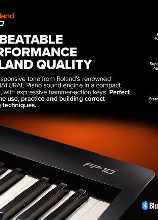 Roland FP 10 | Compact 88 Note Digital Piano | SuperNATURAL Piano Tones | Authentic Acoustic Feel Keyboard | Great for Beginners & Experienced Players | Bluetooth & MIDI Connectivity