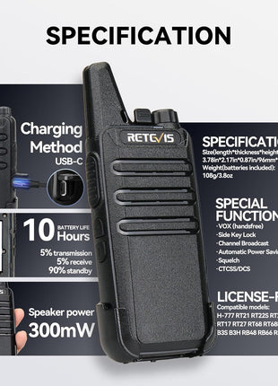 Retevis RT22 Walkie Talkies Rechargeable Hands Free 2 Way Radios Two-Way Radio(6 Pack) with 6 Way Multi Gang Charger