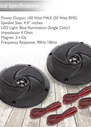 Pyle Low-Profile Waterproof Marine Speakers - 100W 4 Inch 2 Way 1 Pair Slim Style Waterproof Weather Resistant Outdoor Audio Stereo Sound System w/ Blue Illuminating LED Lights - Pyle (Black)