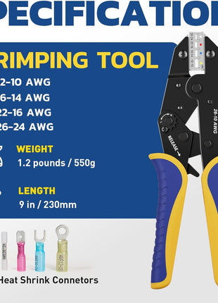 haisstronica Crimping Tool For Heat Shrink Connectors-AWG 26-10 Ratchet Wire Terminal Crimper-Ratcheting Crimper Tools-Available For Insulated Nylon Connectors and Electrical Wire Connectors HS-8327