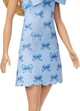 Barbie Fashionistas Doll #237 with Wavy Blonde Ponytail Wearing Blue Bow Halter Dress, Black Hair Bow Accessory and Matching Blue Heels | Blue Bow Halter Dress, Black Hair Bow Accessory, Matching Blue Heels