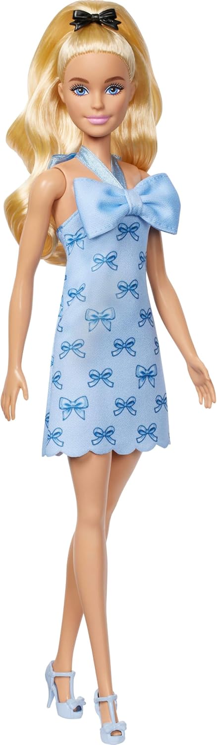 Barbie Fashionistas Doll #237 with Wavy Blonde Ponytail Wearing Blue Bow Halter Dress, Black Hair Bow Accessory and Matching Blue Heels | Blue Bow Halter Dress, Black Hair Bow Accessory, Matching Blue Heels