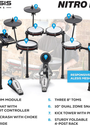 Alesis Nitro Max Electric Drum Set | 10" Dual-Zone Snare, 8" Toms, 10 "Cymbals, Quiet Mesh Heads, Bluetooth, 440+ BFD Sounds, USB MIDI, Drumeo, for Beginners