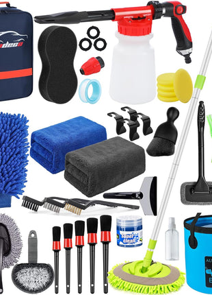 AUTODECO 42Pcs Car Wash Detailing Kit Cleaning Set with Foam Gun Sprayer, Long-Handle Brush, Collapsible Bucket, Large Wash Mitt, Towels, Complete Interior & Exterior Car Washing Supply Set (Blue)