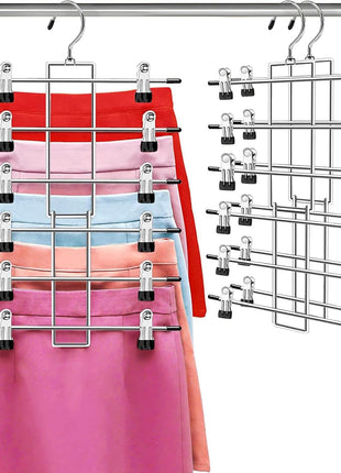 Pants Hangers with Clips,Space Saving Hanging Closet Organizer-6 Tiers Skirt Hangers with 360° Swivel Hook,Closet Organizer-Clothes Hangers- College Dorm Essentials Apartment Essentials-2 Pack