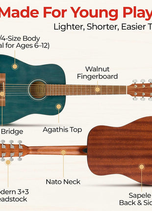 Fender FA 15 3/4 Scale Kids Steel String Acoustic Guitar   Blue Learn to Play Bundle with Gig Bag, Strap, Picks, Fender Play Online Lessons, and Austin Bazaar Instructional DVD