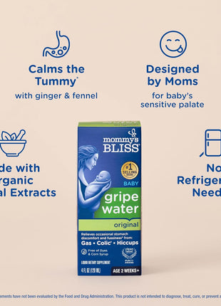 Mommy's Bliss Gripe Water Original, Infant Gas & Colic Relief, Gentle & Safe, 2 Weeks+, 4 Fl Oz (Pack of 1)