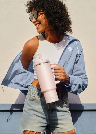 ENCOOL 40 oz Tumbler with Handle and Straw: Stainless Steel Insulated Tumbler Keeps Cold for 24 Hours, Leakproof Travel Cup Fits in Cup Holder and BPA-Free, Cotton Candy