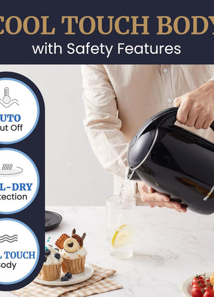 Elite Gourmet EKT1821 1.8L Cool-Touch Kettle, 1500W Stainless Steel, Black | Double Wall Insulated, Stainless Steel Interior & Lid, 360° Swivel Base, Power-On Lever, Auto Shut-Off & Boil-Dry Protection