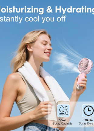 Portable Personal Misting Fan, Handheld Rechargeable Cooling Fan, 3-Speed, Suitable for Travel, Beach and Office Use Pink