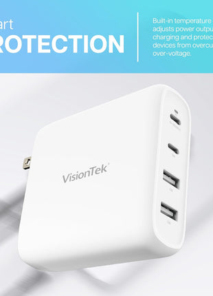 VisionTek 100W 4-Port USB-C Wall Charger, GaN Fast Charge, Foldable Plug | USB-C/USB-A PD Safe Fast Charging, GaN, Compact & Foldable Design, Travel Adapter, Universal Power Laptops, Tablets, Phones