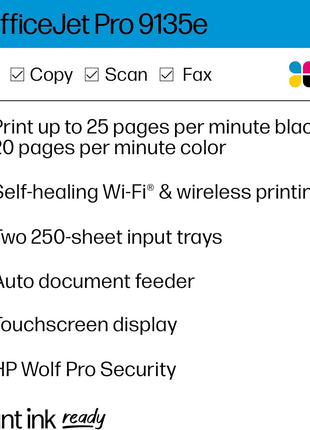 HP OfficeJet Pro 9135e Wireless All-in-One Color Inkjet Printer, Print, scan, copy, fax, ADF, Duplex printing best-for-office, 3 month Instant Ink trial included, AI-enabled (404M0A)