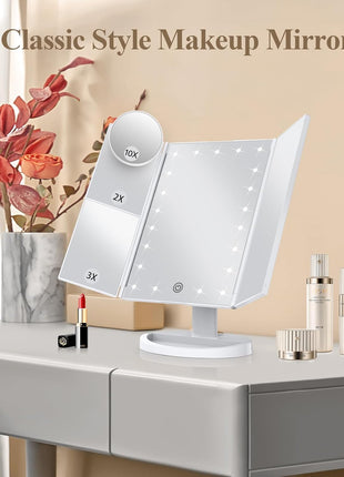 HUONUL Makeup Mirror, Vanity Mirror with Lights, 2X/3X/10X Magnification, Touch Control, Trifold, Dual Power Supply, Birthday Gifts for Women, Wife, Mom, Girls,Dorm Room Essentials
