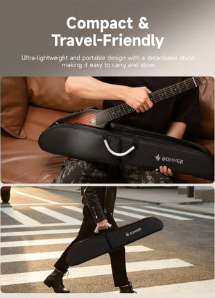 Donner HUSH I Guitar For Travel   Portable Ultra Light and Quiet Performance Headless Acoustic Electric Guitar, Mahogany Body with Removable Frames, Gig Bag, and Accessories Natural